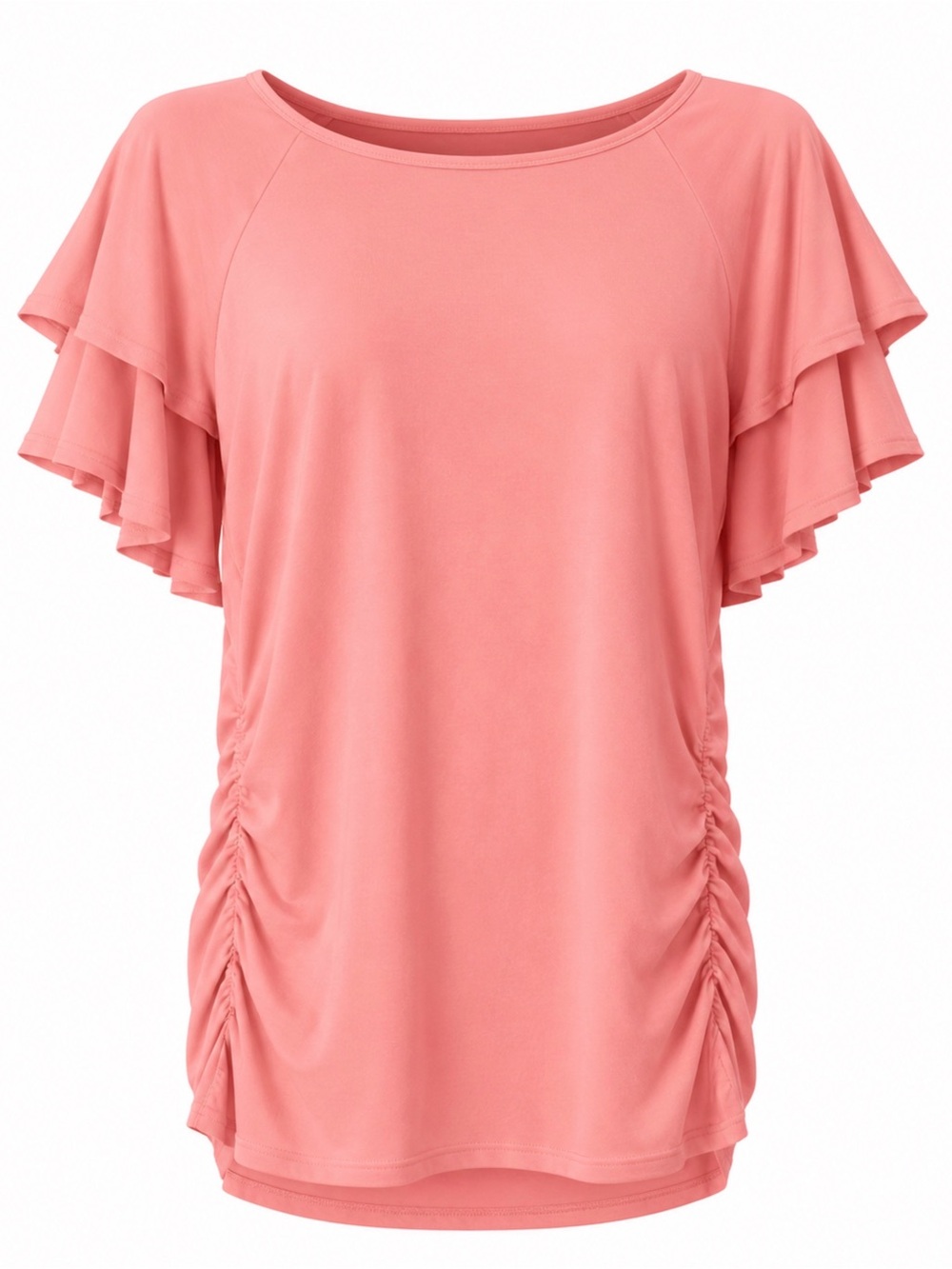 Grace Karin Coral Flutter Sleeve Ruching Top